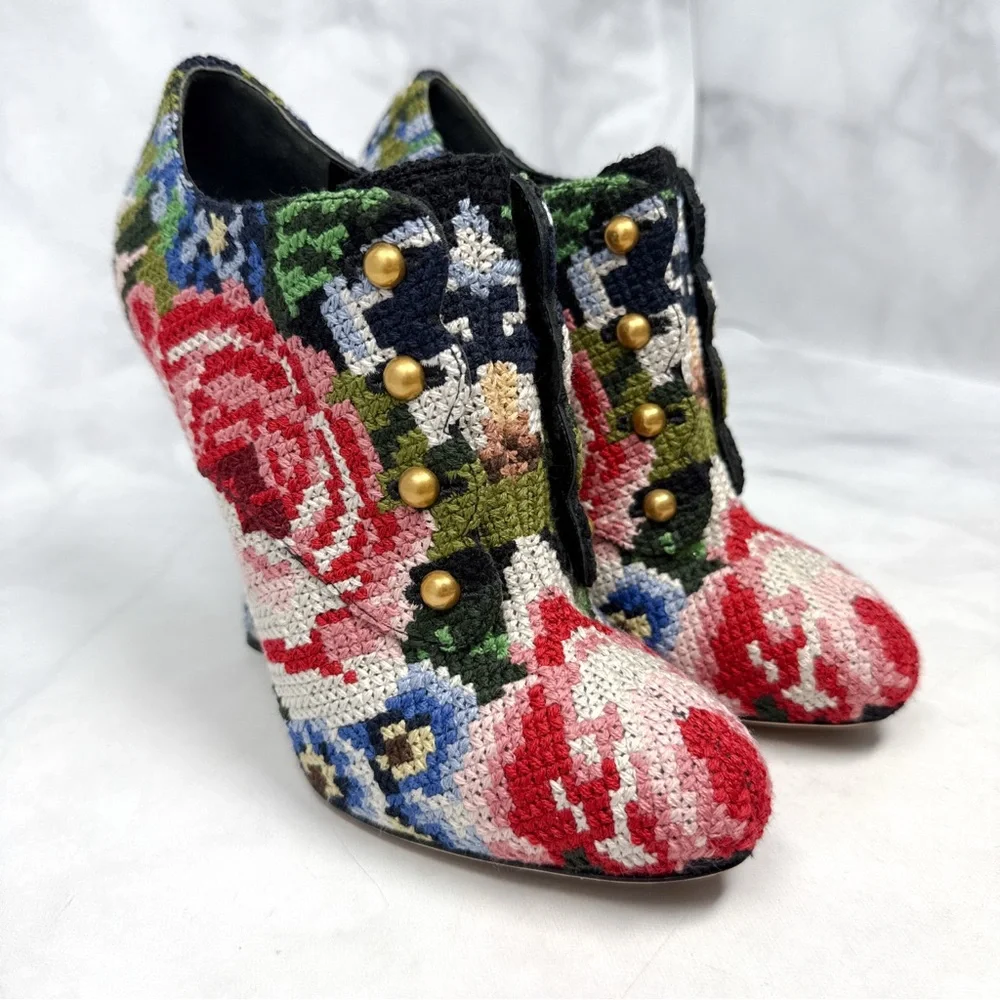 Dolce & Gabbana Vintage Y2K Floral Tapestry Crochet Ankle Bootie Boots Retro 39